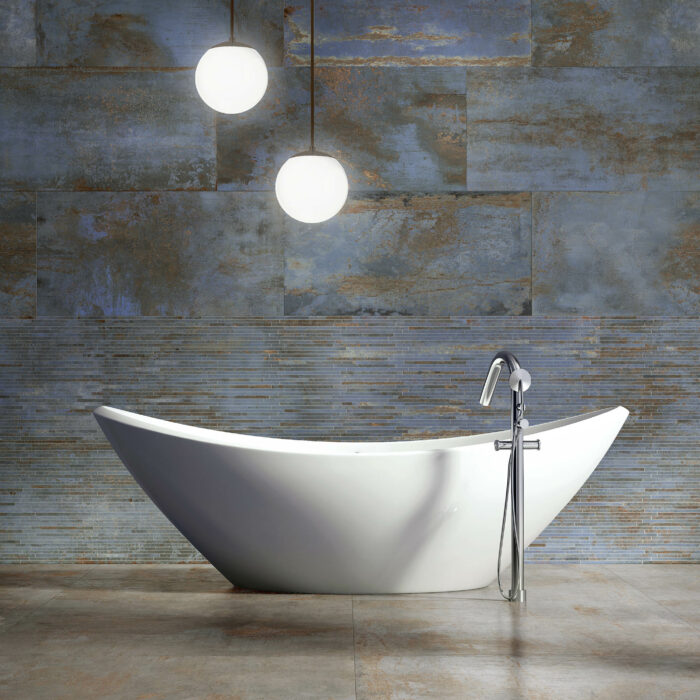 Minimal  contemporary grey bathroom with bathtub and chandellier
