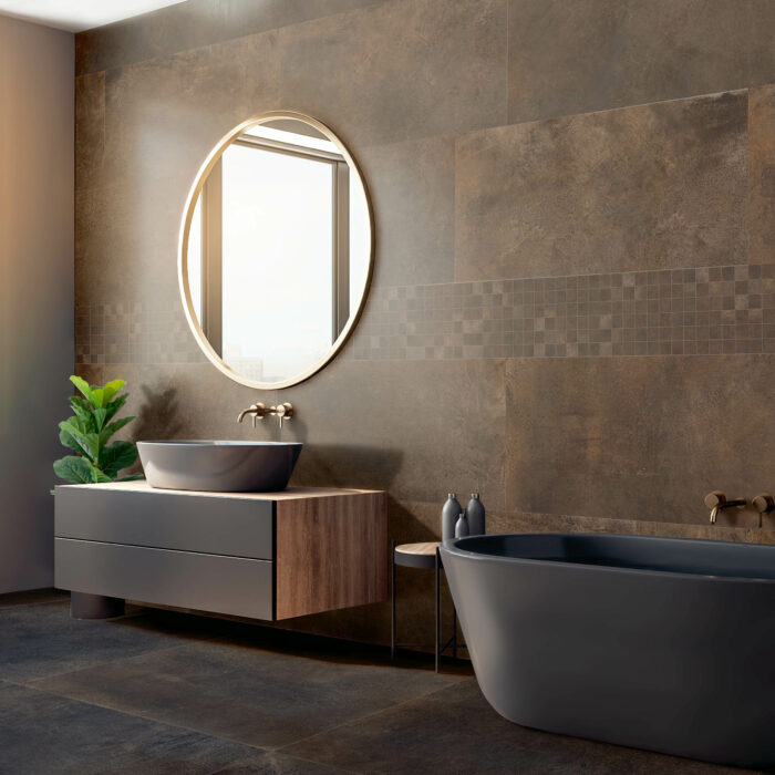 Side view of black orange bathroom interior with decorative tree, bath tub, sink, round mirror, sunlight and copy space. 3D Rendering