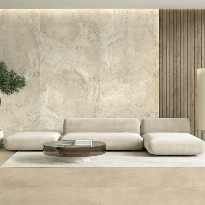 Contemporary white beige interior with wall panel, sofa and decor. 3d render illustration mockup.