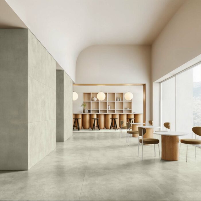 Cozy beige cafe interior with bar counter and stool in row, shelf with dishes and decoration. Elegant dining space with minimalist furniture and panoramic window on countryside. 3D rendering